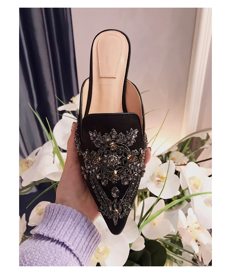 

Slippers Fashion Style 2021 Early Spring New Leather Flat Pointed Toe Flat with Rhinestone Semi-support Shoes Muller Shoes Women