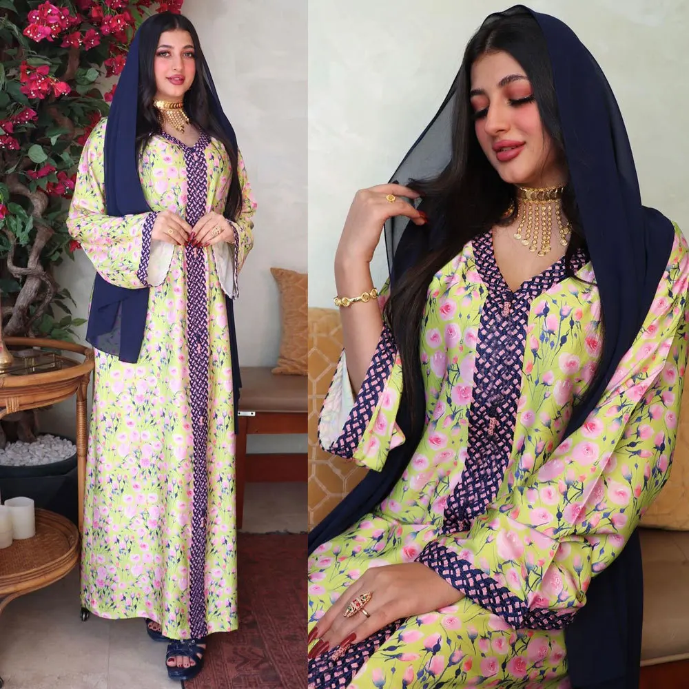 

2022 New Floral Print Muslim Abaya Dress Women Dubai Arab Arabic Turkey Moroccon Kaftan Islamic Clothing India Gown Robe Vestido