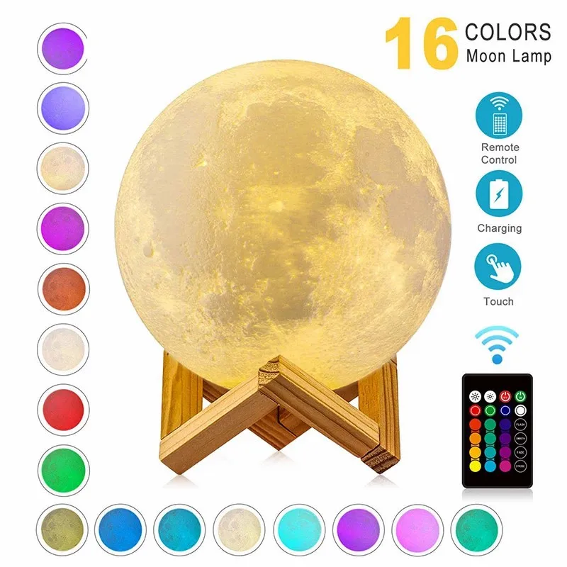 LED Moon Night Light 3D Galaxy Print Lamp Projector Rechargeable Color Change Touch Moon Lamp Children's Light Night Best Gifts