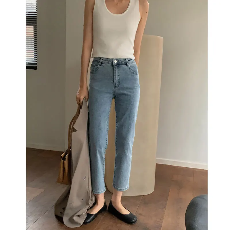 

Straight-leg Jeans Women High-Waisted Slim Drape 2021 Autumn New Korean Version Cotton Casual Ladies Cropped Trousers