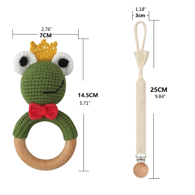 

3 Pcs/Set Baby Pacifier Chain Clip Crochet Frog Rattle Beech Teether Soother Molar Comfort Toys Wooden Teething Ring