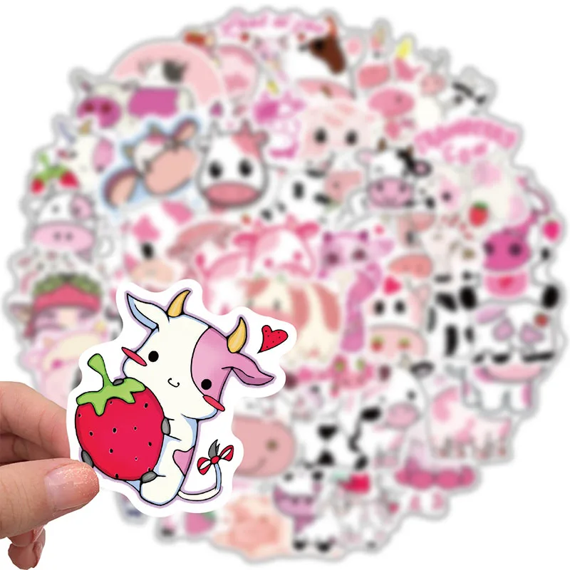 50 Uds de dibujos animados rosa fresa adhesivos de vacas impermeable Animal pegatinas de grafitis para ni&ntilde;os monopat&iacute;n DIY equipaje pegatina de juguete-3