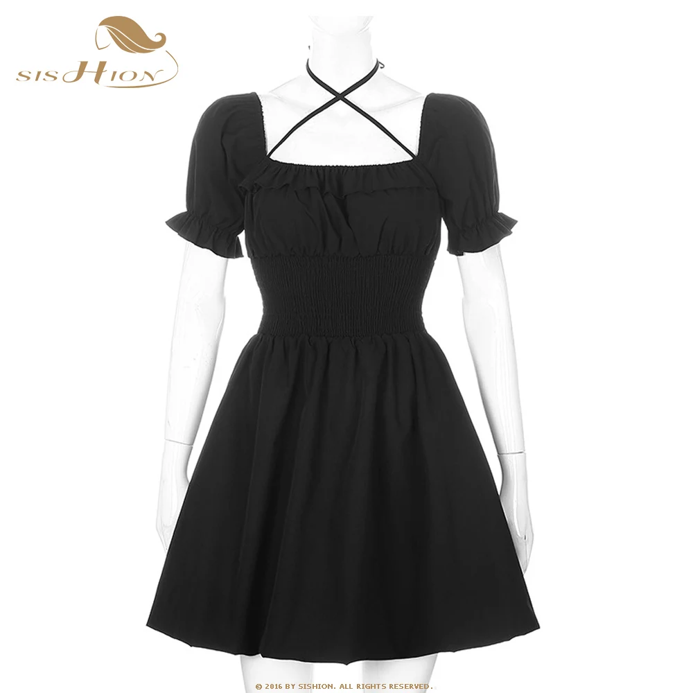 

SISHION Retro Sexy Short Mini Little Black Dress VD2109 Square Neck Princess Elastic Waist Gothic Dress