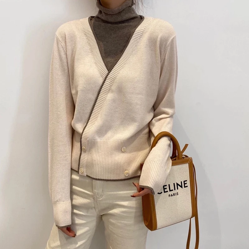 

JMPRS Patchwork Women Sweater Turtleneck Fashion Button Spring Long Sleeve Jumper Casual Knitted Slim Harajuku Ladies Tops 2021