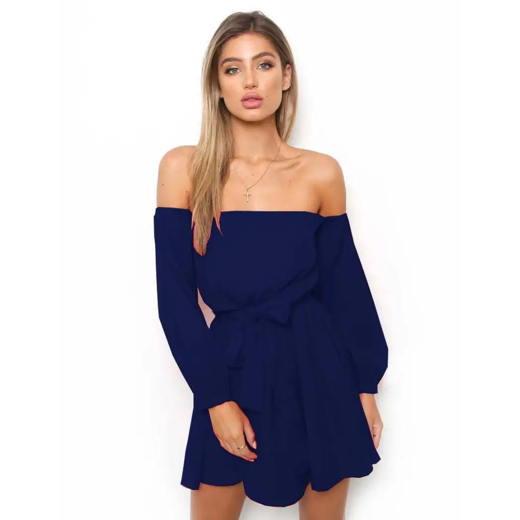 

Sexy Off The Shoulder Dress Women Summer Short Bodycon Slash Neck Bowknot Belt Long Sleeve Mini Female Boho Dresses Vestido