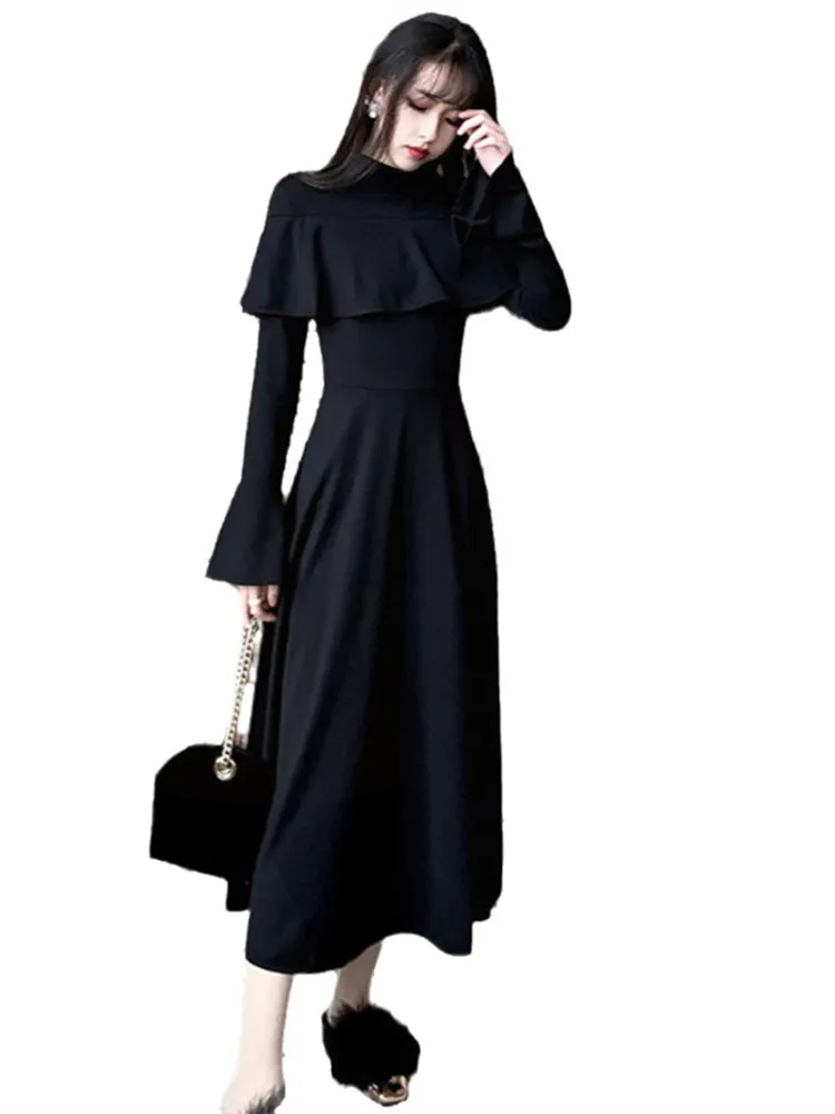 

2020 autumn and winter new temperament waist was thin French retro Office Lady Polyester Full Dress women's