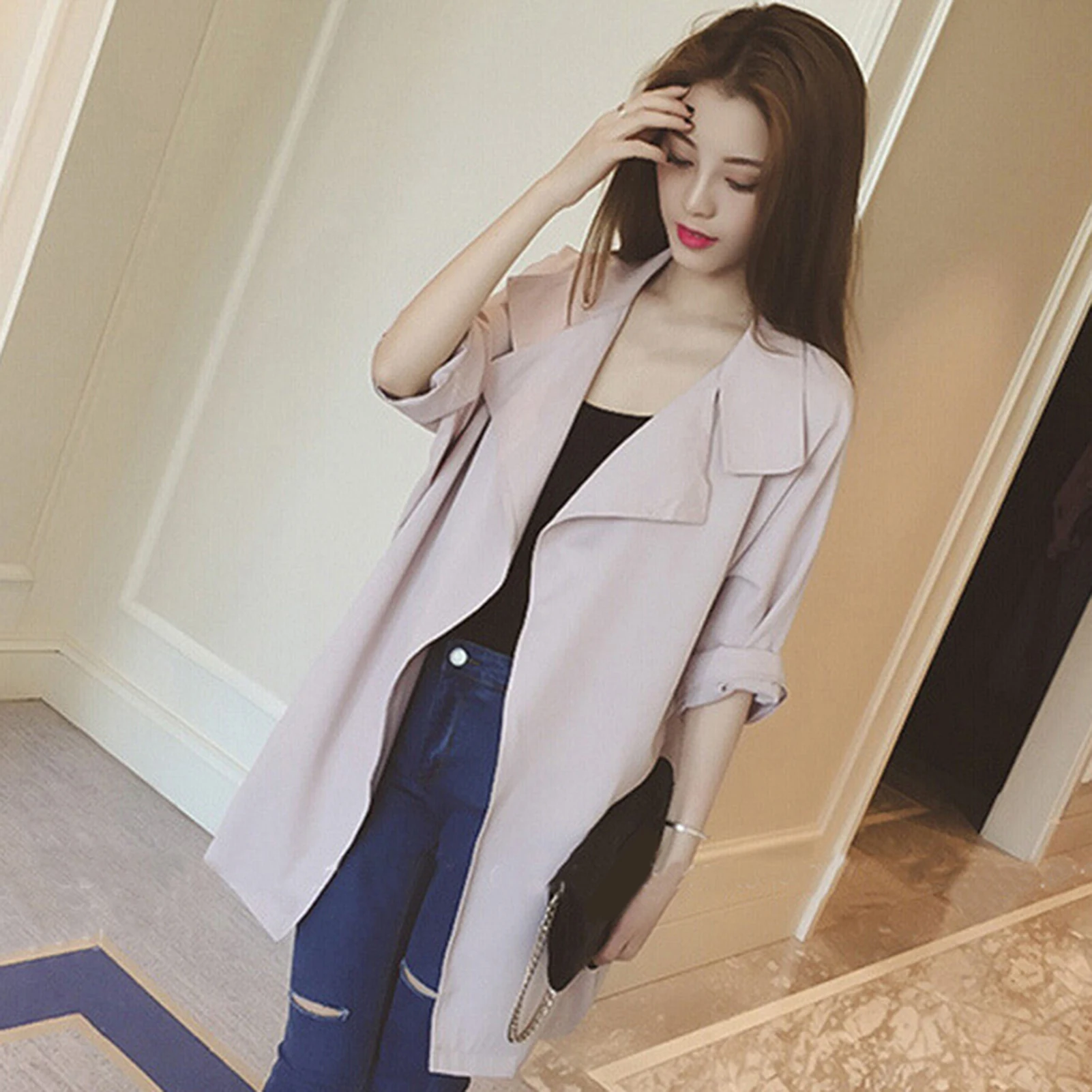 

Women Loose Solid Color Large Lapel Three-quarter Sleeve Trench Coat Cardigan