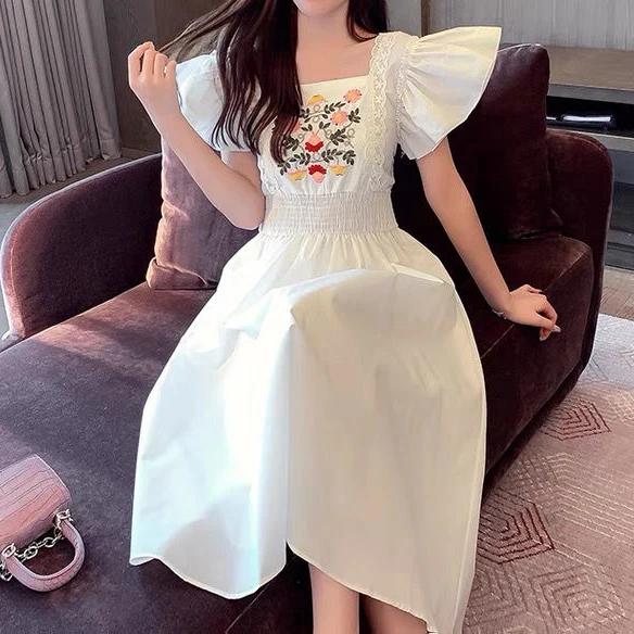 

French dress summer design niche slim over-the-knee DRESS boho dress Embroidery vintage A-LINE Butterfly Sleeve