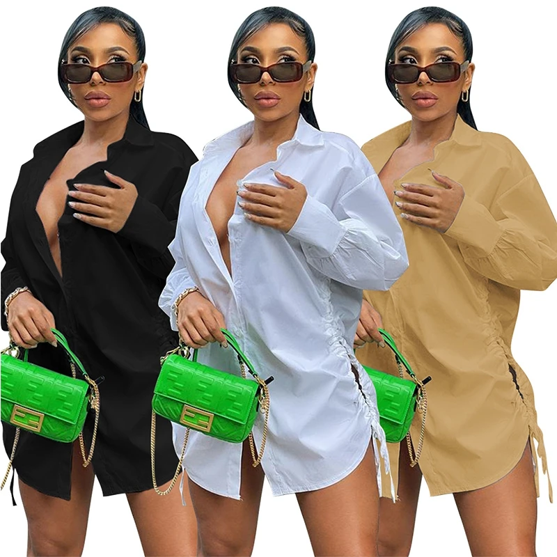 

Autumn Women Sexy T Shirt Mini Dress Solid Long Sleeve Turn Down Collar Dress Side Cut Out Drawstring Casual Loose Club Bodycon