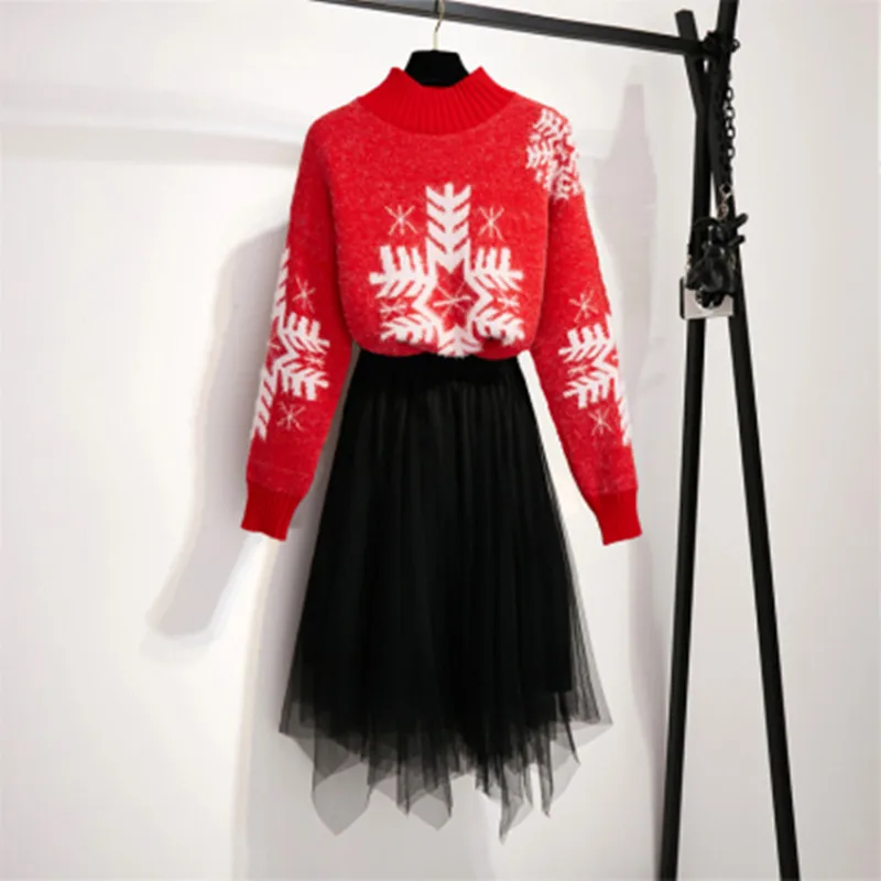 

Autumn Winter New Women Half Turtleneck Long-Sleeved Snowflake Warm Sweater Pullover + Irregular Mesh Midi Skirt Suit Two Piece