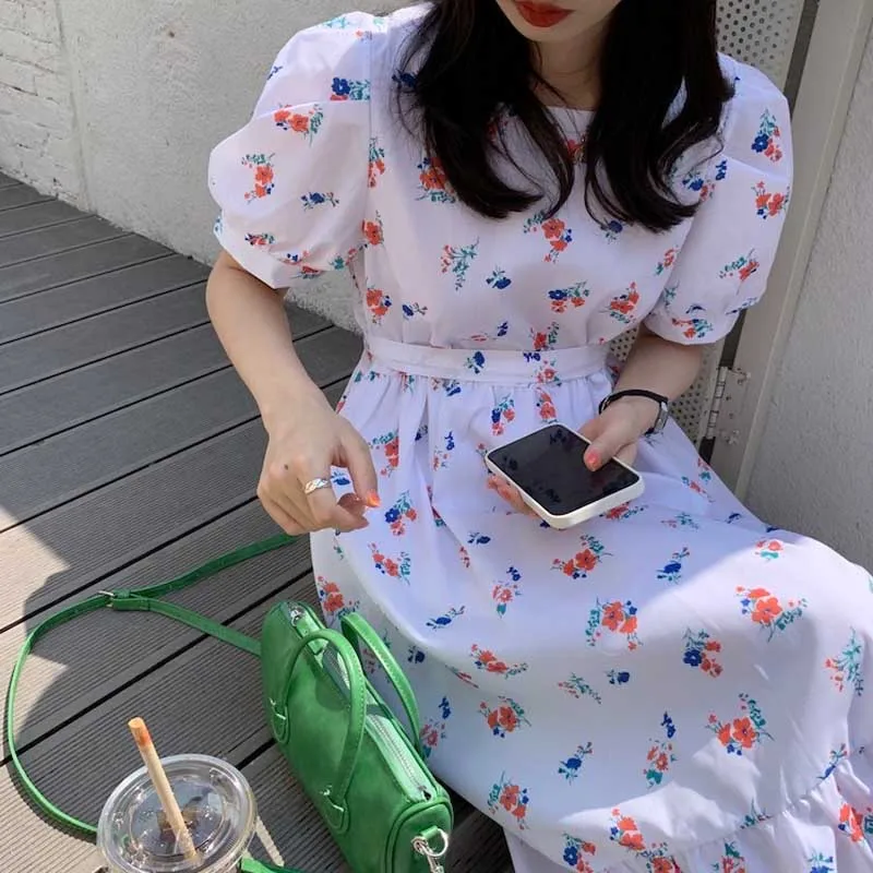 Vestidos coreanos de una pieza para mujer, vestido elegante con estampado Floral y mangas abullonadas, novedad de verano de 2021