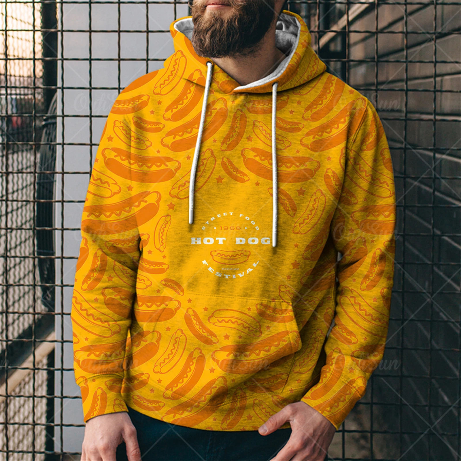 

Hot Burger Print Long Sleeve Pocket Classic Pullover Men Round Neck Breathable Sportwear Hoodie Loose Drawstr Adjustable Sweater