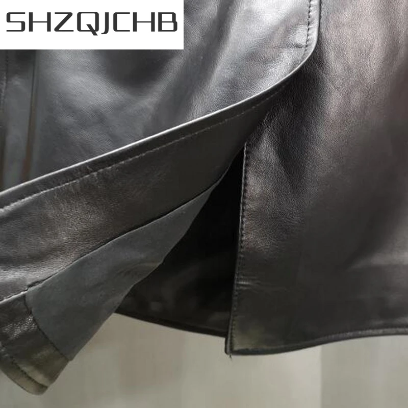 

JCHB 2021 Euro Autumn Winter Womens Sheepskin Genuine Leather Jackets Long Sleeve Single Breasted Lapel Pockets Sashes Medium Le