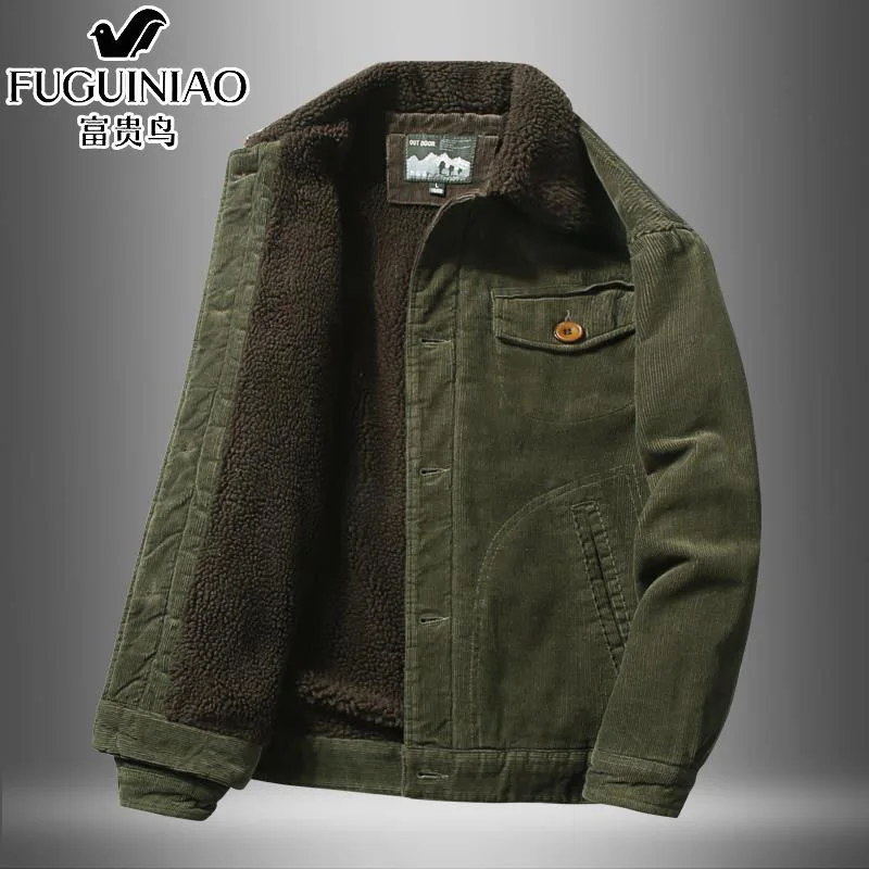 

2020 Winter Corduroy Jacket Men Cotton Padded Warm Fleece Parka Coat Casual Lamb Fur Collar Male Jacket Windproof Men