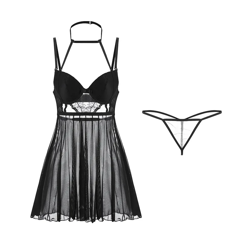 

sexy dress erotic porno slutty clothes Female Sexy Halter Cotton Cushion Steel Ring Mesh Camisole Nightdress Backless Temptation