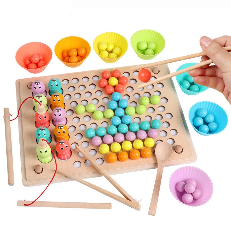 

Wooden Various Features Puzzle Educational Toys for Children Hand Eye Coordination Training Baby Color Learning and Fishing Game