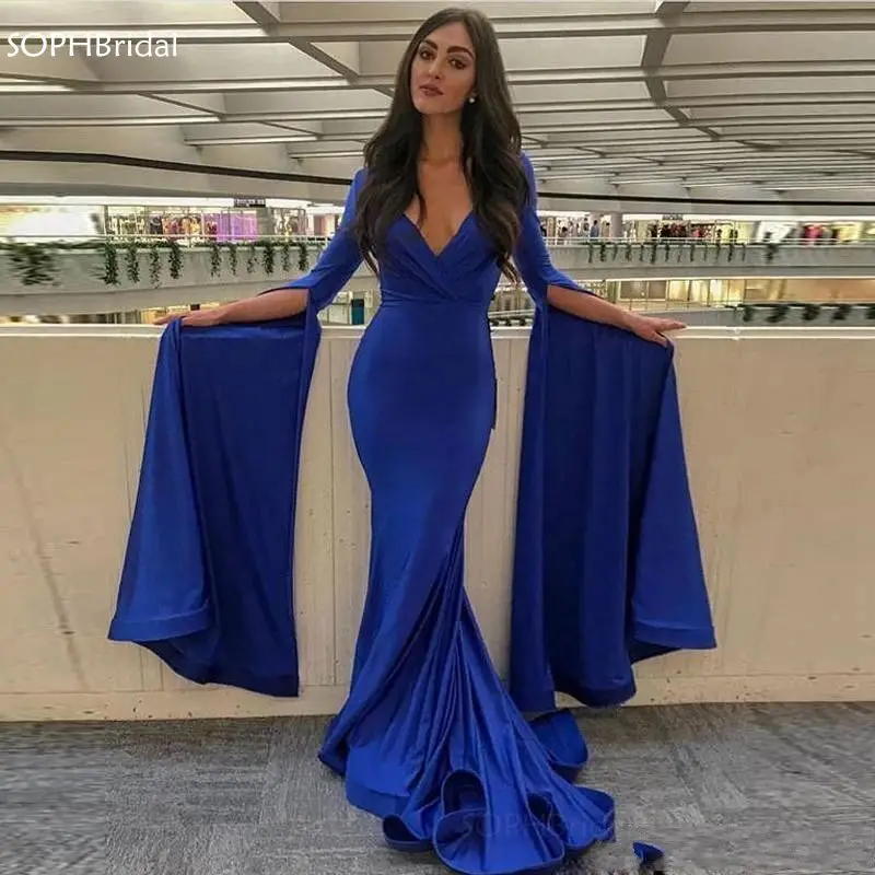 

Новое поступление простой Выпускные платья с глубоким v-образным вырезом Королевского синего цвета, длинные рукава атласная вечернее плать...