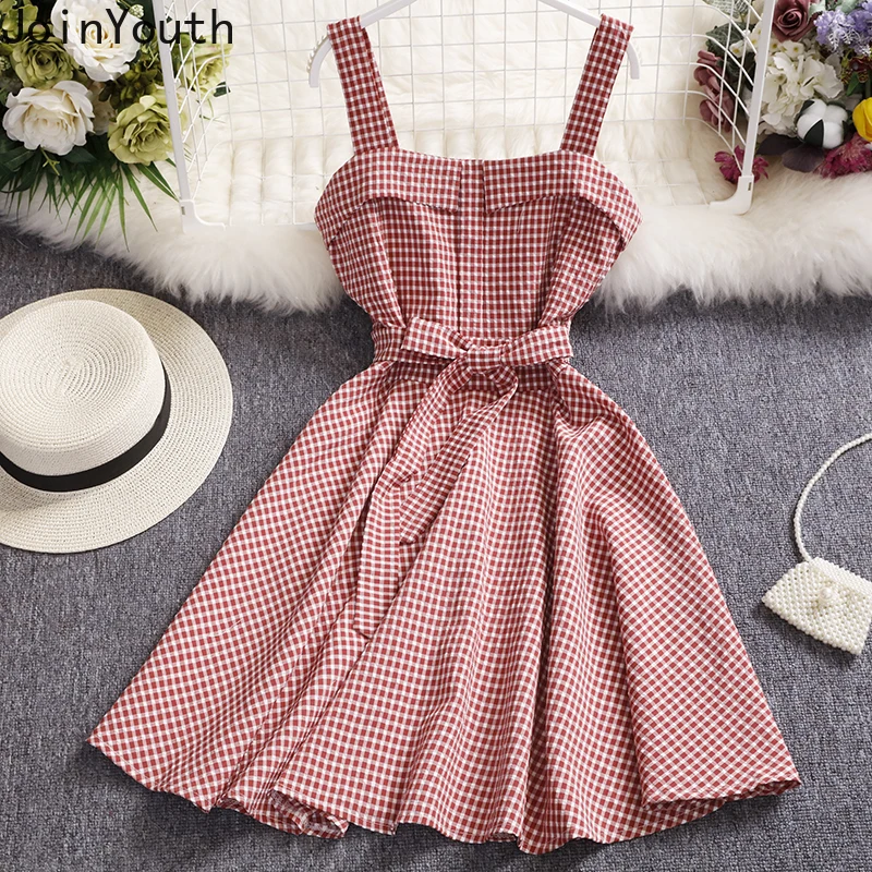 Женское платье в клетку Joinyouth без рукавов бретелек тонкий галстук-бабочка