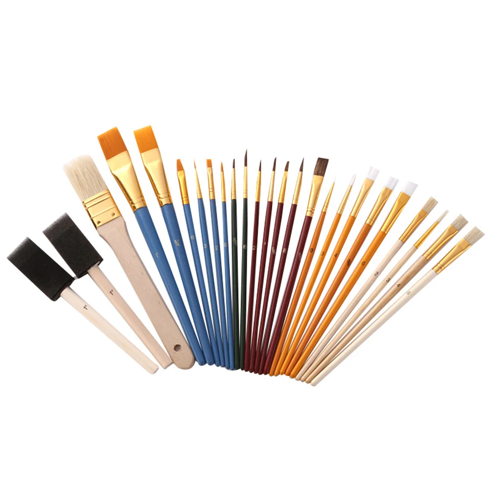 

25pcs/set Watercolor Artistic Portable Set Art Supplies Paint Brush Multi-Purpose Nylon Hair Wood Handles Drawing Oil Painting