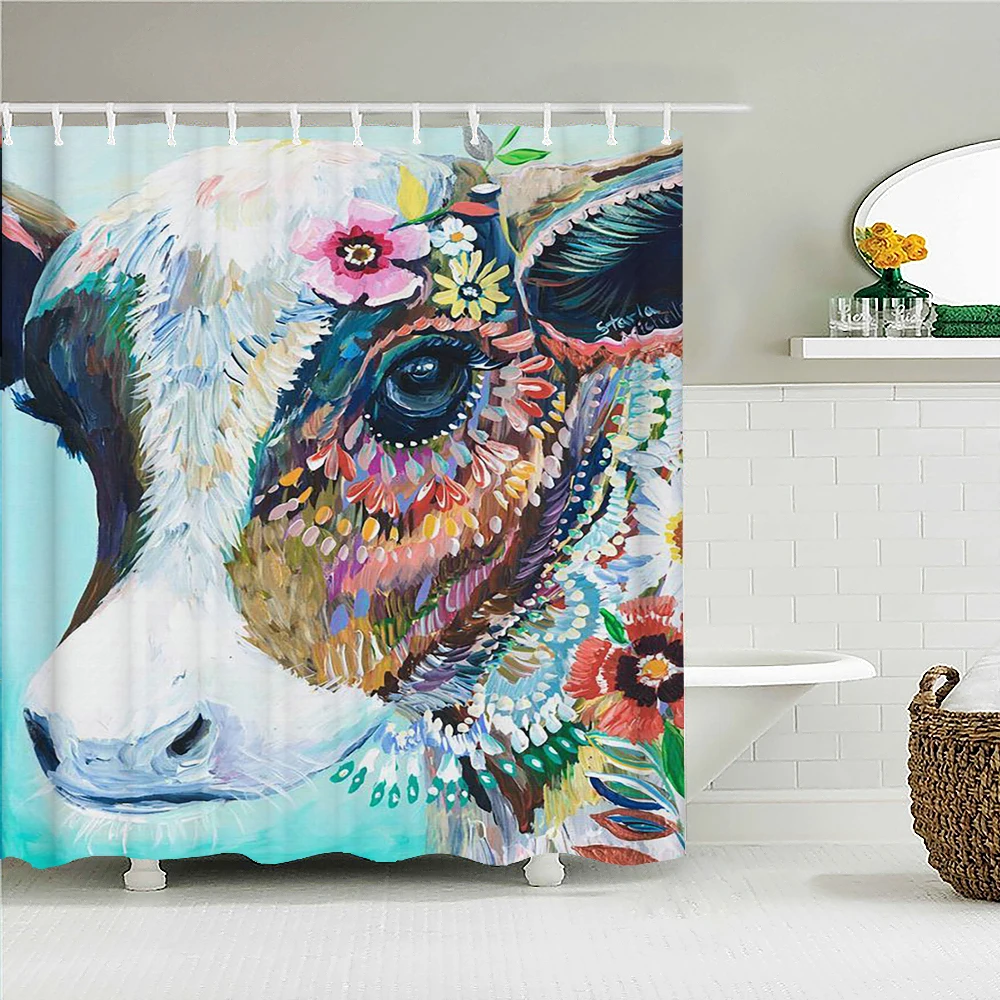

Waterproof Shower Curtains Colorful Horse Cow Bathroom Shower Curtain 3D Fabric Curtain With Hooks Cartoon Animal Bath Screen