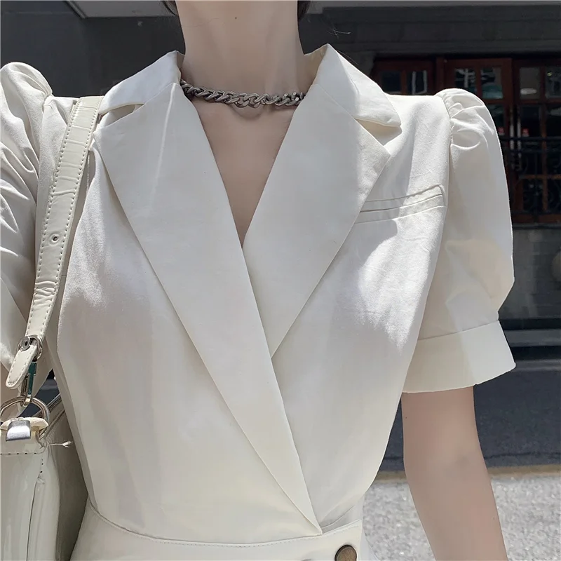 

High Quality Casual Solid Suits Dress Short Sleeve A Line Pleated Robe 2021 Summer Women Notched Vestido De Mujer Office Ladies