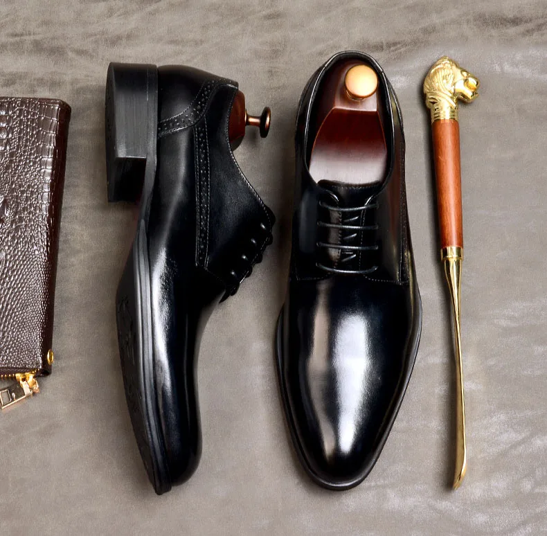 Черные винно-красные туфли-оксфорды мужские модельные туфли из натуральной кожи