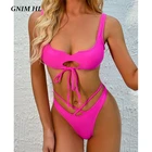 Купальник-бикини GNIM с высокой талией, женский сексуальный купальный костюм с вырезами, Женский однотонный купальник из двух предметов с завязками, комплект бикини, новинка 2020