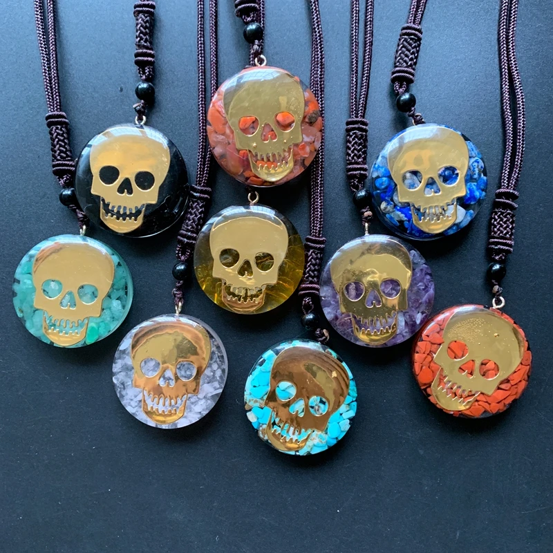 Skull Pendant Necklace Orgonite Chakra Crystal Chips Beads Pendant Round Resin Necklace Rope Chain Spiritual Jewelry 1pc