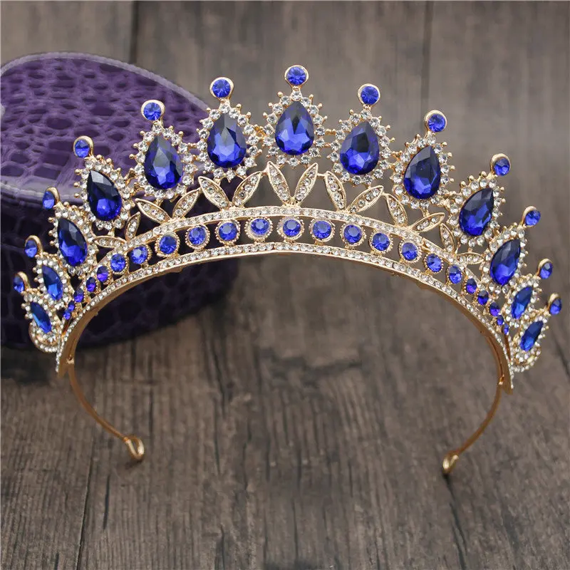 Gold Full Blue Великолепные розовые ободки с кристаллами, королевские диадемы и короны, свадебные ободки для волос, вечерние украшения для волос на выпускной - Окраска металла: Gold Full Blue