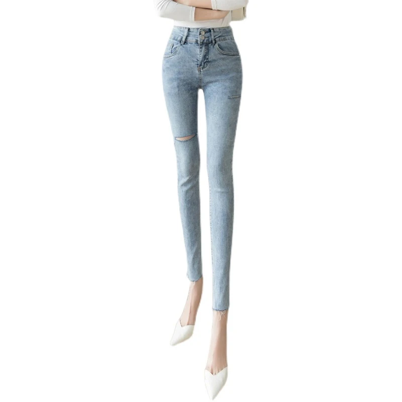 

2021 Spring New Light Blue High Waist Ripped Jeans Women's High-Looking Slimming Stretch Ankle-Length Slim-Fit Pants Tide