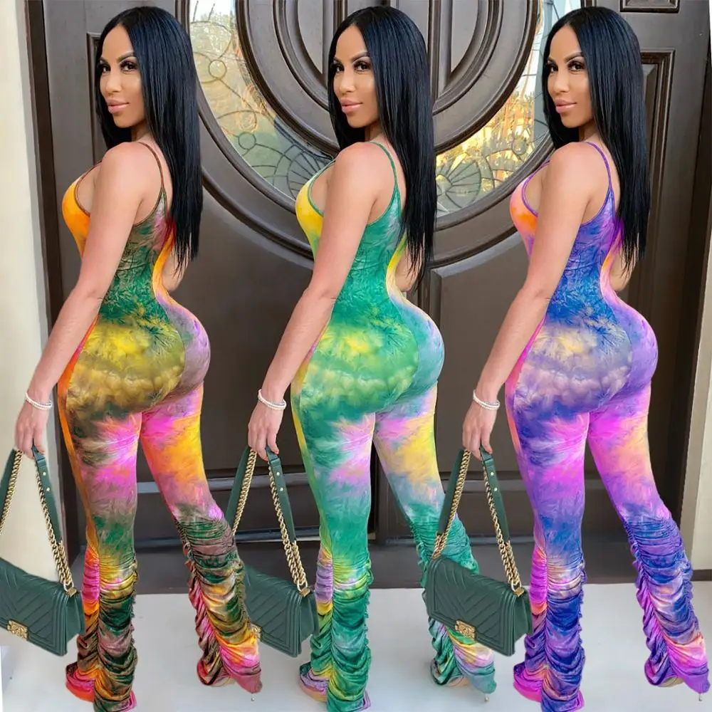 

Colorful tie dye print pleated long jumpsuit 2020 hot sale casual sexy fashion lady o neck sleeveless romper overalls