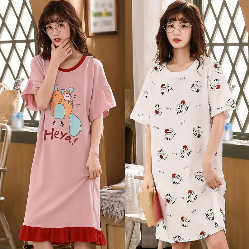 

Women Summer Patchwork Nightdress Ladies Sweet Cute Cartoon Printed Sleepwear Short Sleeve Home Wear Nightdress