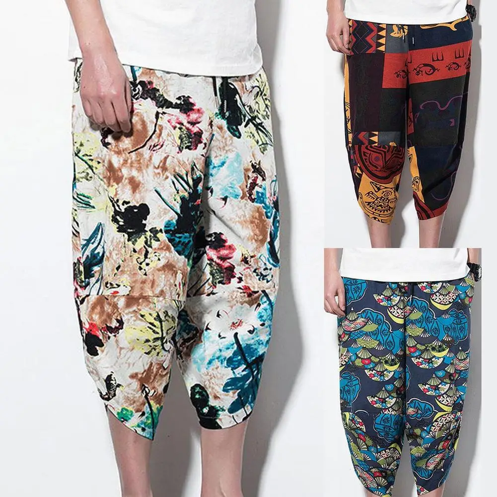 

Брюки мужские мешковатые с эластичным поясом, хлопково-льняные свободные штаны с принтом в стиле хиппи, уличная одежда в стиле бохо, дышащие мягкие короткие