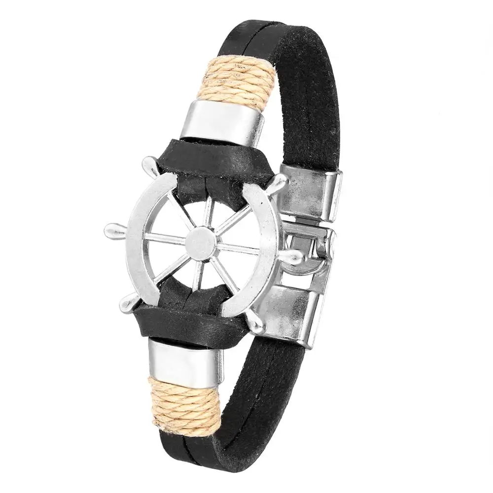 

2020 fashion style rudder pendant leather anchor chain men's bracelet popular handmade stainless steel hook bracelet black!