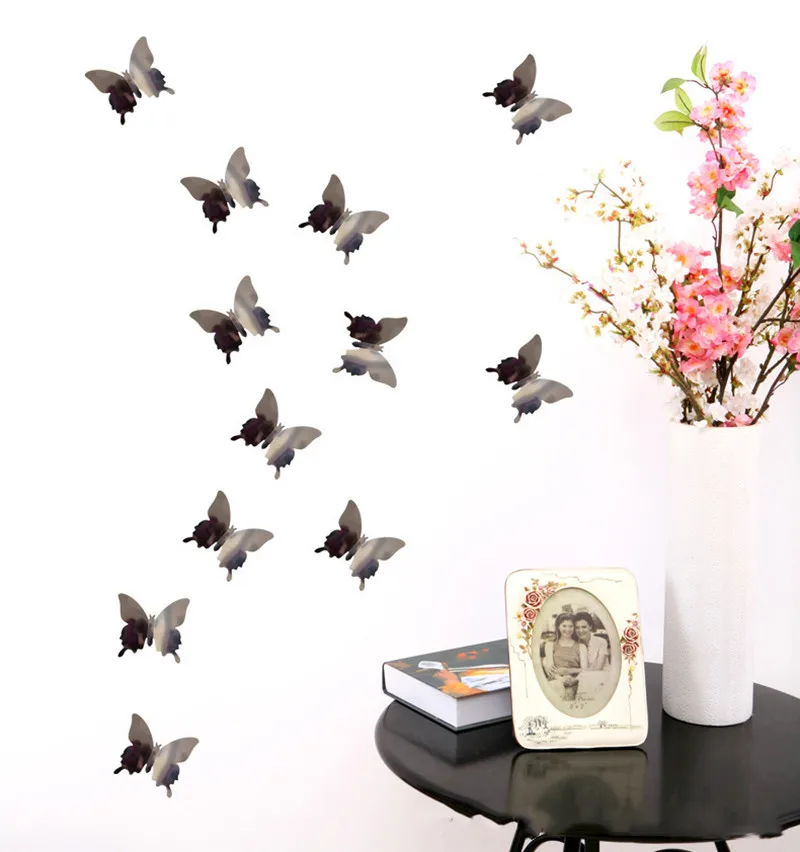 Black 12 шт./партия ПВХ 3D DIY Бабочка наклейки на стену Свадебный домашний декор плакат для кухни Ванная комната клей декоративные настенные наклейки - Цвет: Black