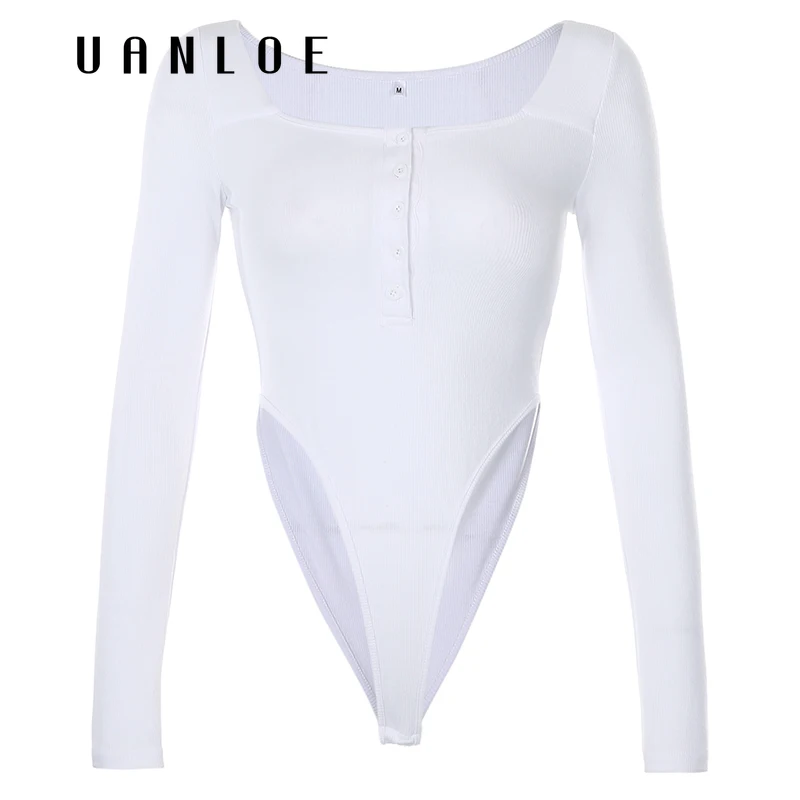 

UANLOEWhite Solid Autumn Bodysuit Casual Rib Knitted Streetwear Basic Short Jumpsuit Women Buttons Bodycon Body Rompers Street