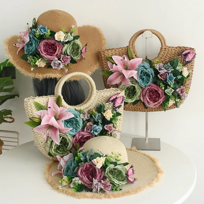 

Соломенная пляжная сумка для женщин, плетеные тоуты ручной работы с цветами из ротанга, летние праздничные повседневные вместительные сумки с шляпкой от солнца