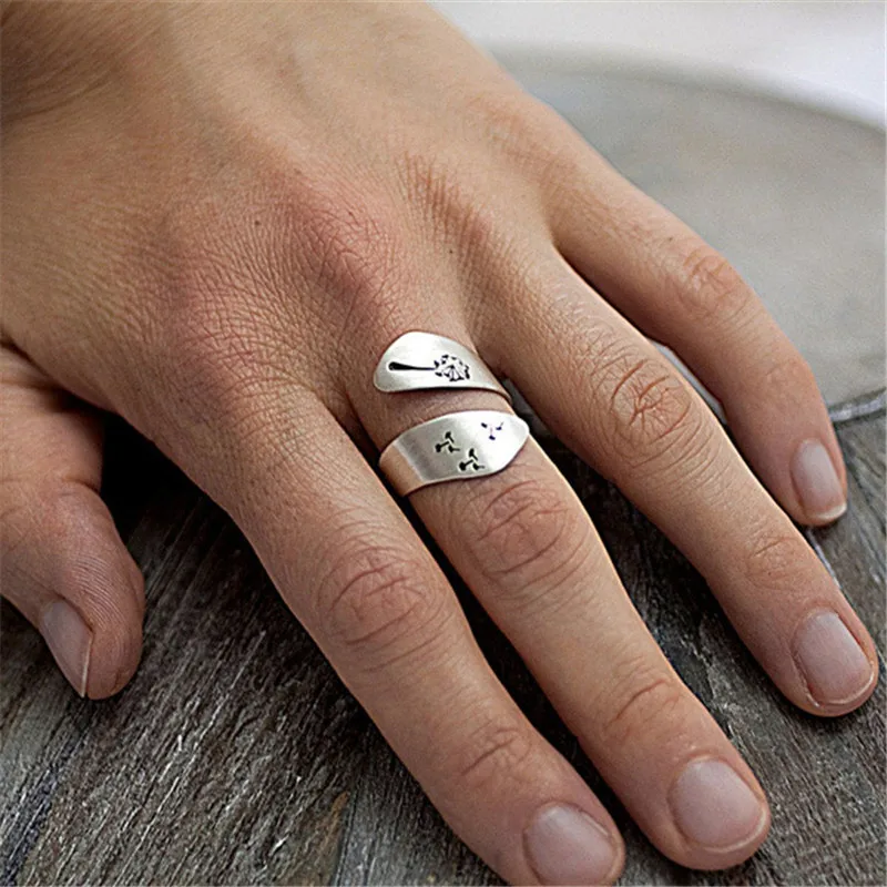 

HI MAN Creative Carving Dandelion Mountain Peak Tree Ring Women Opening Adjustable Commemorative Party Gift Jewelry