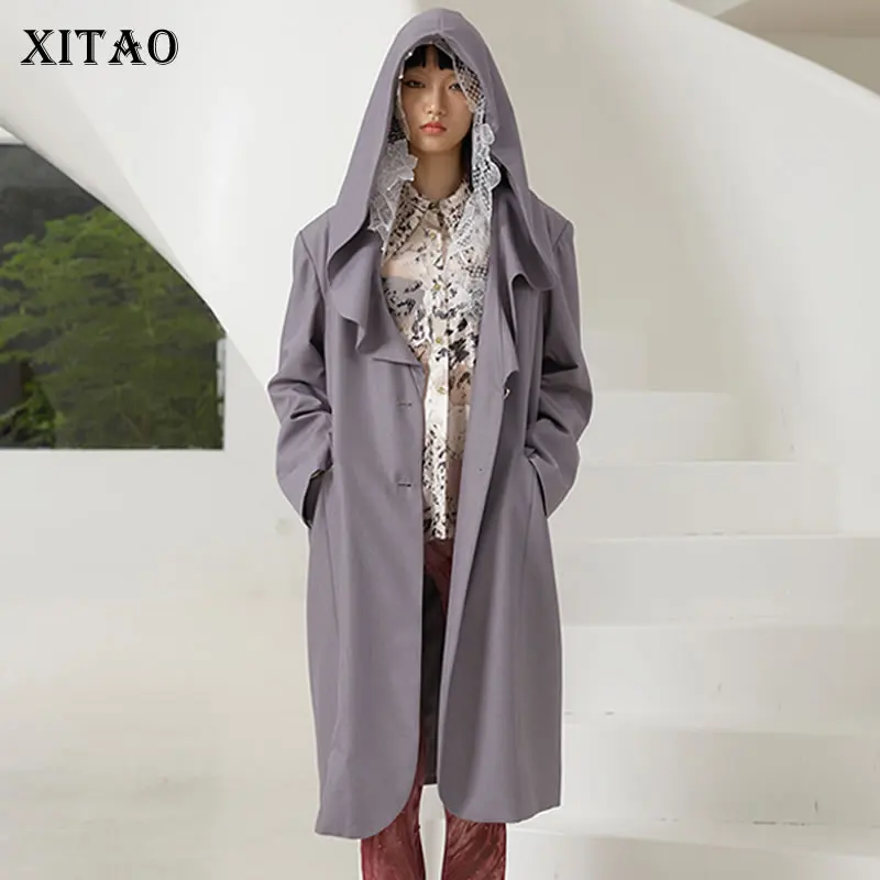 

XITAO, однотонный однобортный тренч для женщин, осень 2021, новые модные свободные пальто с отложным воротником и длинными рукавами, WMD3776