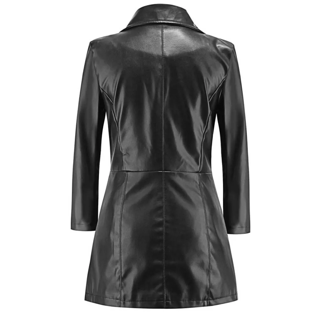

Vogue Novel Design Autumn Winter Cool Women's Black Trench Coat Motorcycle Long V Collar Female Casual Outwear Chic Fashion