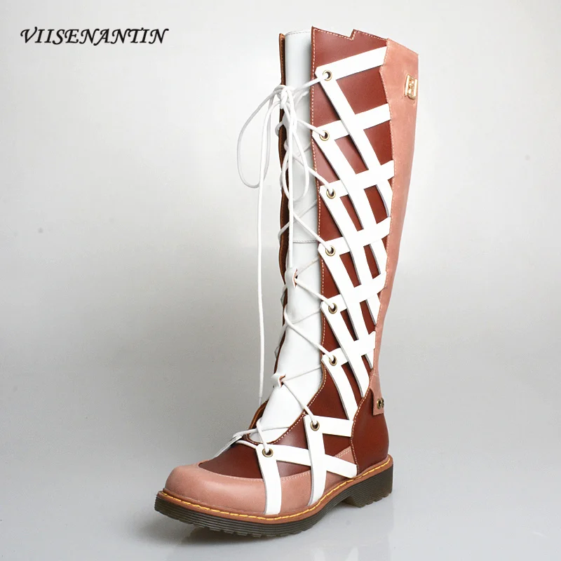 

Сапоги рыцарские на низком каблуке с квадратным носком, на шнуровке