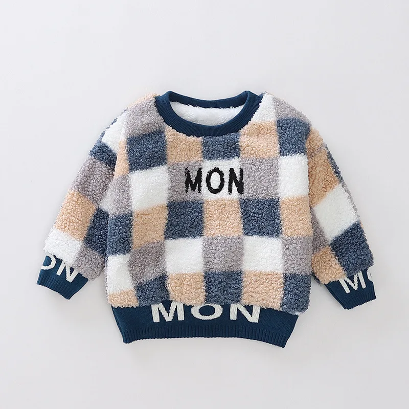 

Autumn Winter New Children's Plush Warm Suit Fashion Baby Boys Girls Lattice T Shirt Pants 2Pcs/sets Toddler Thicken Tracksuit