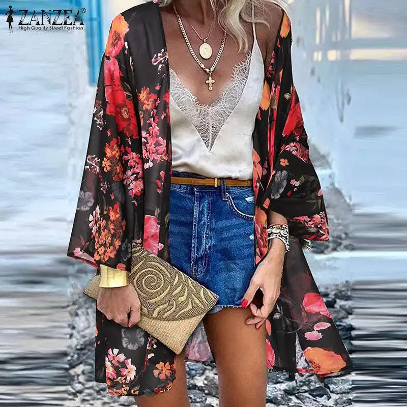 

Summer Floral Printed Beach Cardigan ZANZEA Bohemian Women Casual Long Sleeve Chiffon Blouse Holiday Tops Tunic Cover Up Kimono
