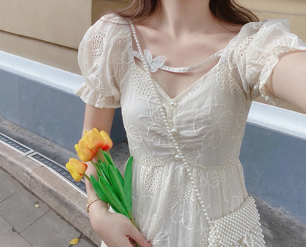 

Женское платье средней длины, летнее платье с коротким рукавом и V-образным вырезом, украшенное бисером, с бантом, во французском винтажном с...