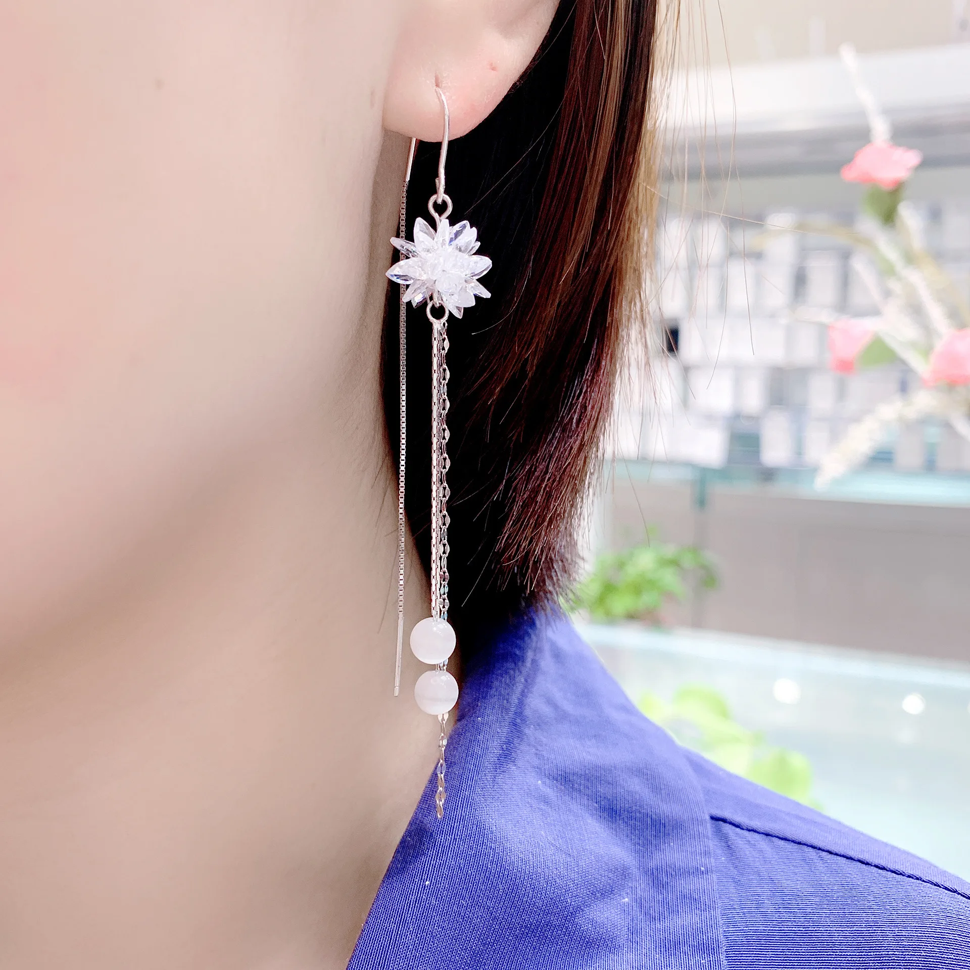 

Viwisfy Opal Beads Crystal Jewelry Girl Gift Wedding Long Real 925 Sterling Silver Drop Earrings For Women VW21358