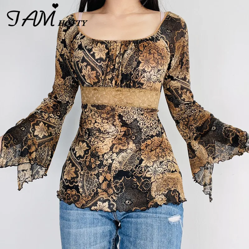 

Mesh Floral Print T Shirt Women Vintage Slit Flare Long Sleeve Tops Slim Waist Lace Shirt Aesthetic Grunge Clothes Fall Iamhotty