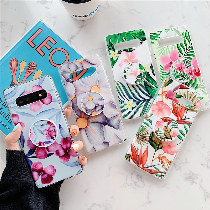 

Retro Pink Flower Leaf Phone Case For Samsung Galaxy S8 9 Plus Note9 10 Pro A50 70 Soft Anti-Drop Bracket Back Cover Coque Gift