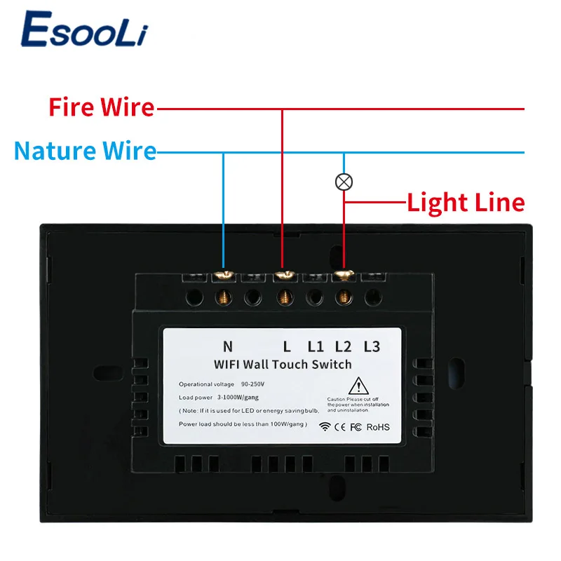 Сенсорный светильник енный выключатель EsooLi стандарт США Wi Fi 3 клавиши 1 канал