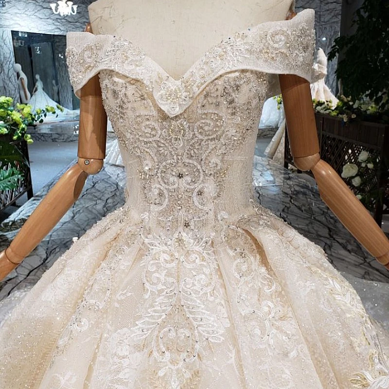 AnXin SH Luxury princess flower white lace beading crystal illusion boat neck lace up champagne wedding dress 100% real photo
