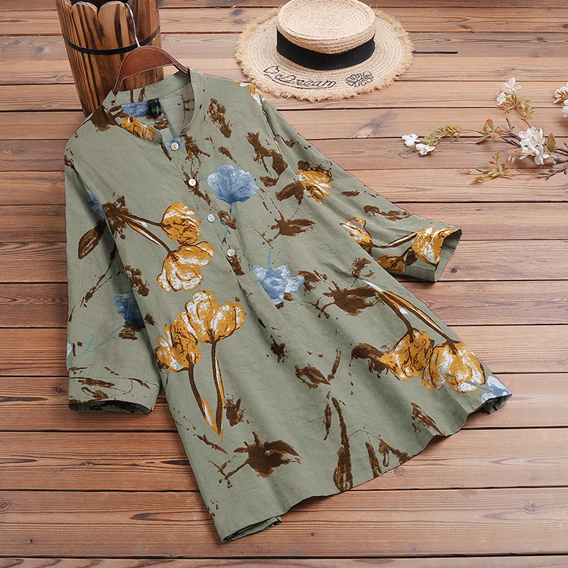 Блузка ZANZEA женская с рукавом 3/4 Повседневная рубашка цветочным принтом свободная